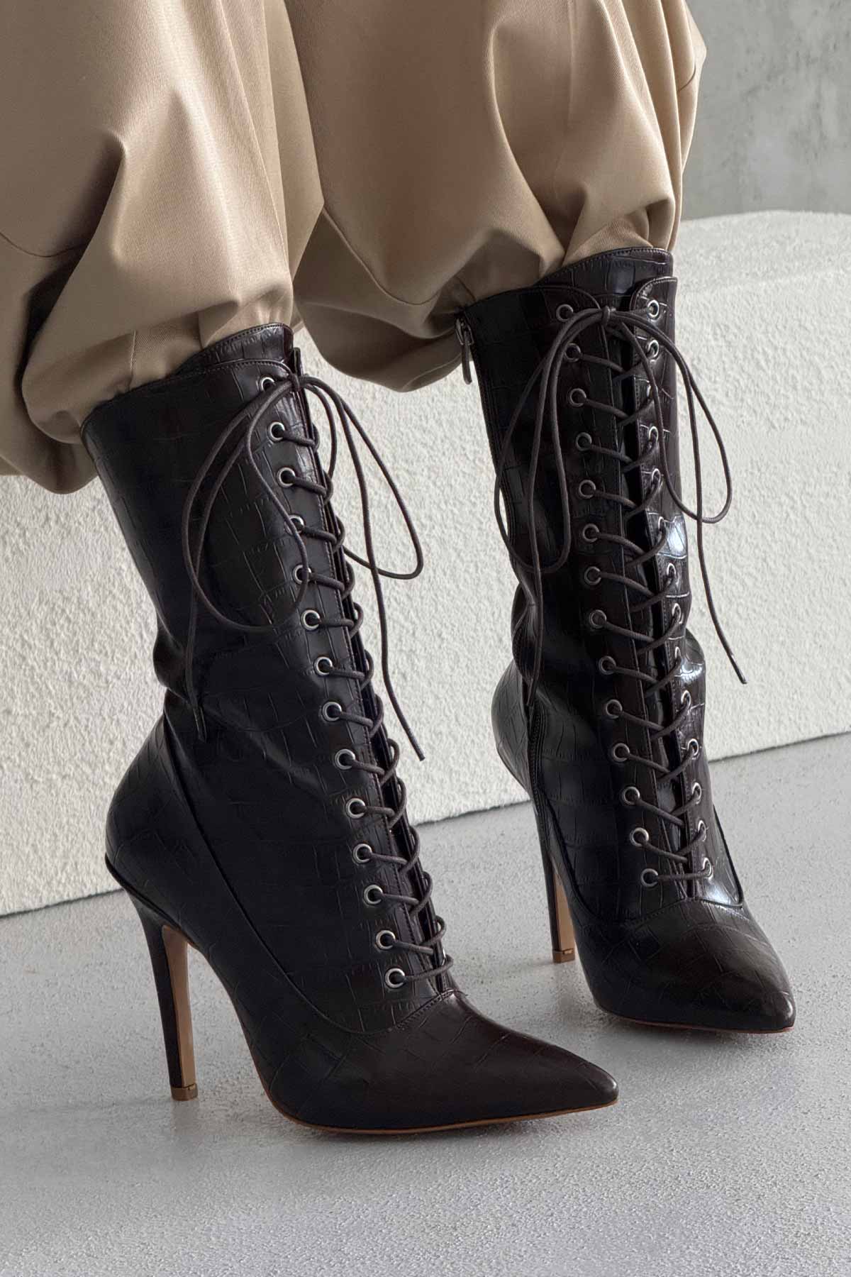 Lace-Up Thin Heel 10cm Brown Boots