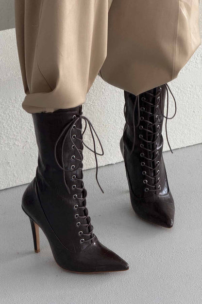 Lace-Up Thin Heel 10cm Brown Boots