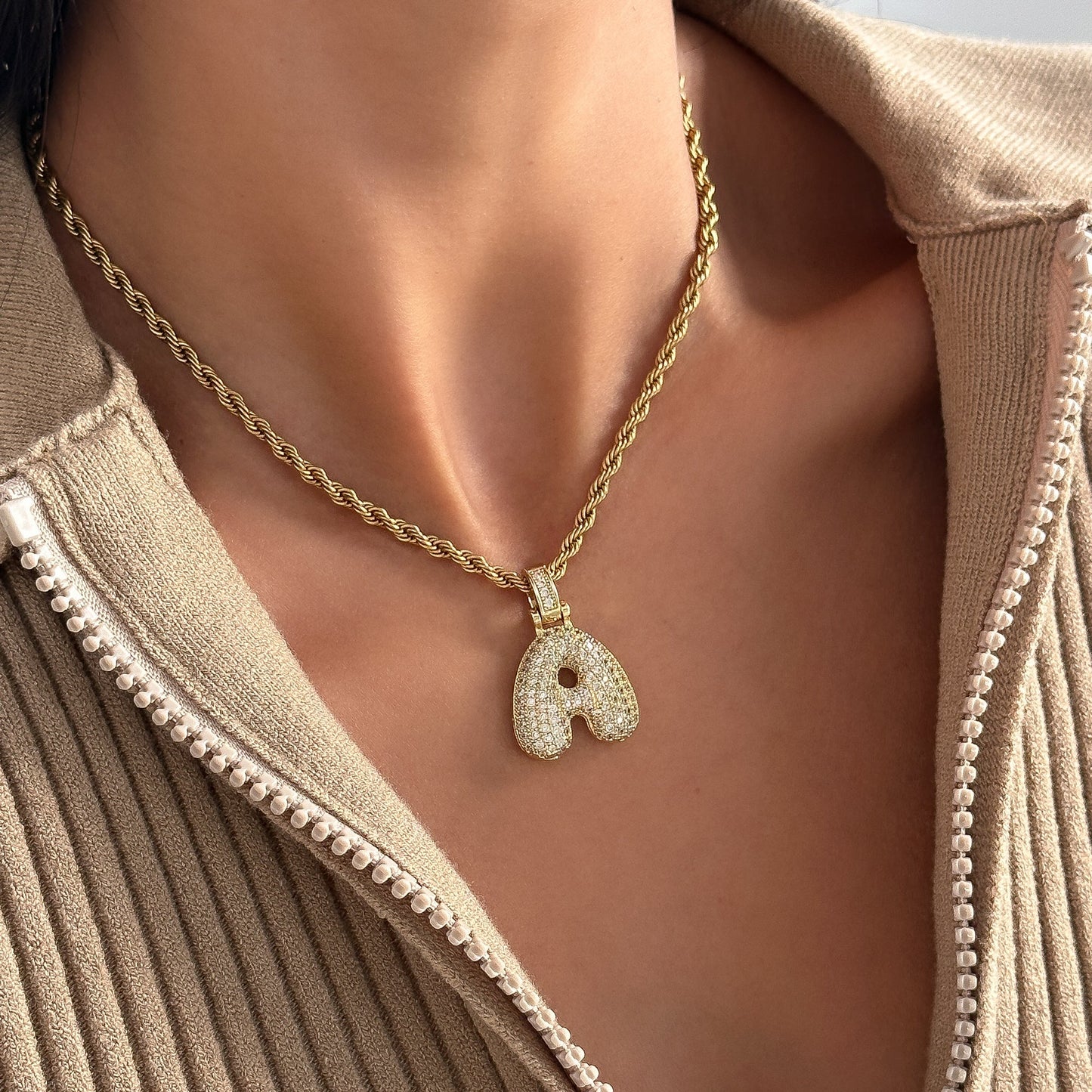 Pave Bubble Letter Initial Necklace
